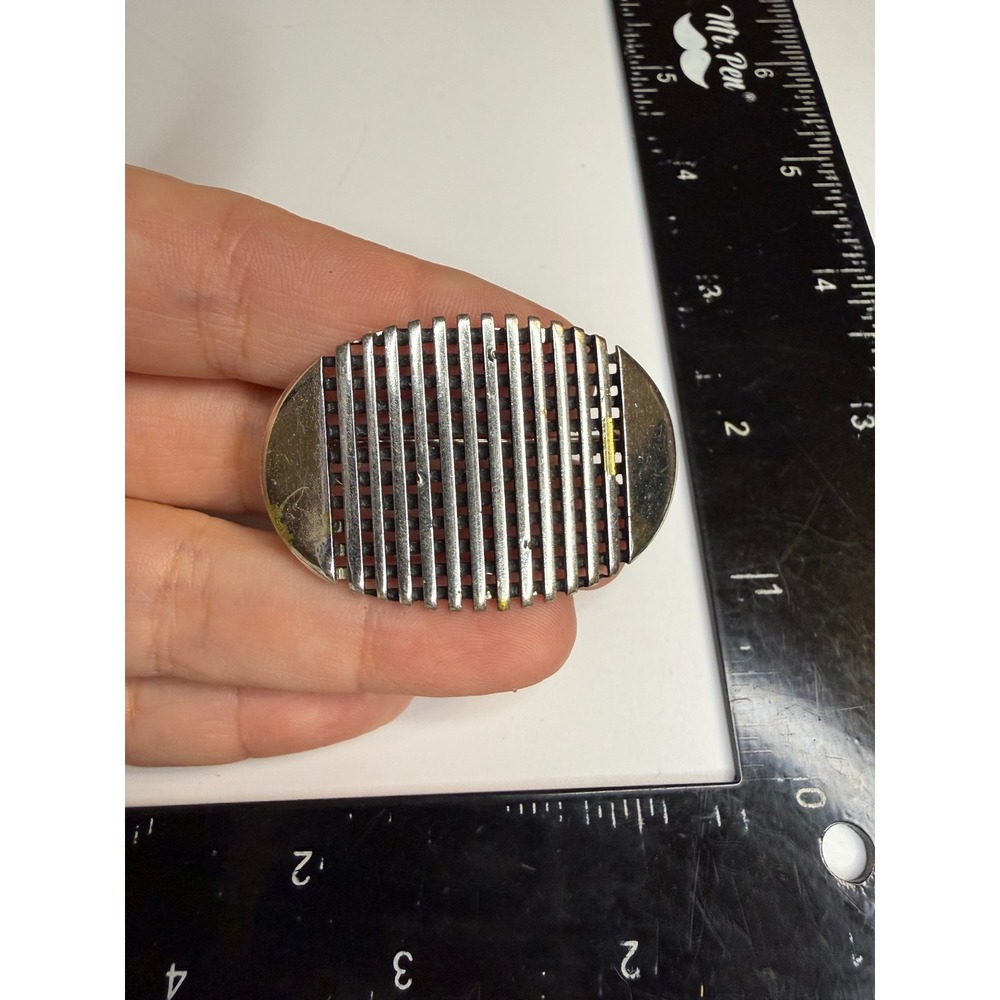 Vintage Silver Tone Modernist Oval Ribbed Grid Brooch Pin Two Tone Industrial